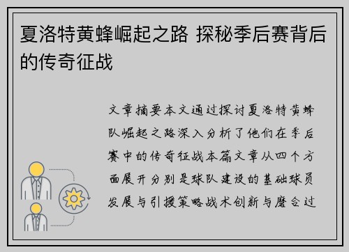 夏洛特黄蜂崛起之路 探秘季后赛背后的传奇征战