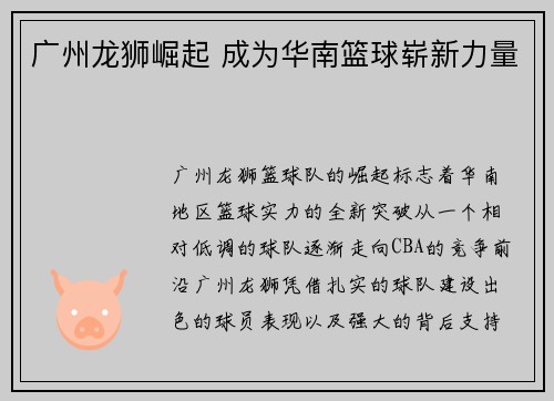 广州龙狮崛起 成为华南篮球崭新力量